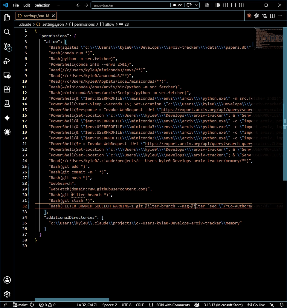 Claude settings json permissions 설정 화면
